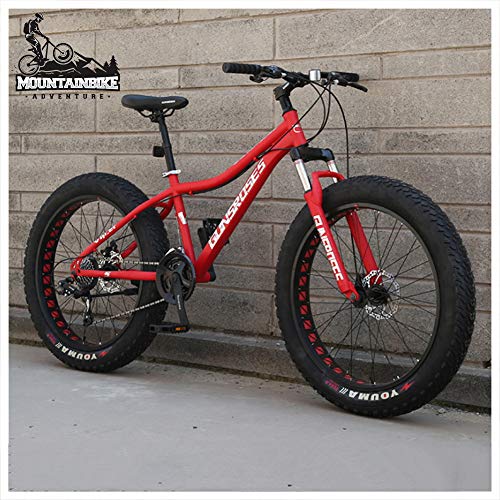 26-Zoll-Hardtail-Mountainbike, Fat Tire Mountain Trail Bike für Erwachsene, Männer und Frauen, Mountainbike mit mechanischen Scheibenbremsen und Vorderradfederung, Kohlenstoffstahl, Rote Speiche, 21 von CZYGPHY