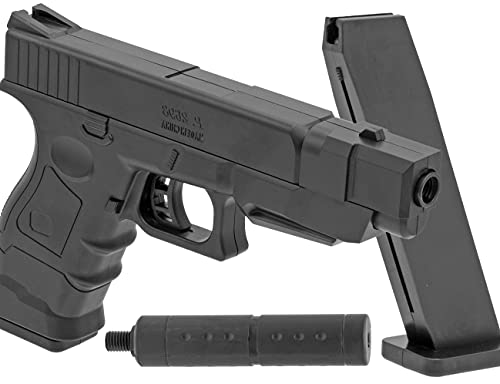B.W. Softair Gun Airsoft Pistole + Schalldämpfer + Munition | PA66 - Schwarz Voll ABS | 32cm. Inkl. Magazin & unter 0,5 Joule (ab 14 Jahre) von Cadofe