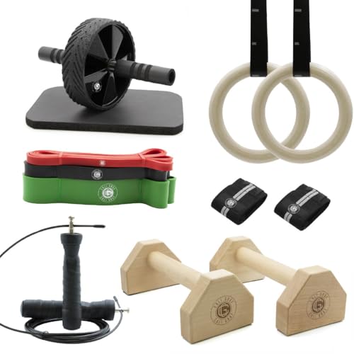 Cali Graf Calisthenics Starter Set – Fitness-Set für Anfänger mit Parallettes, Gymnastikringen, AB Roller, Wrist Wraps, Springseil und 3 Widerstandsbändern – Perfekt für Heim- und Outdoor-Workouts von Cali Graf