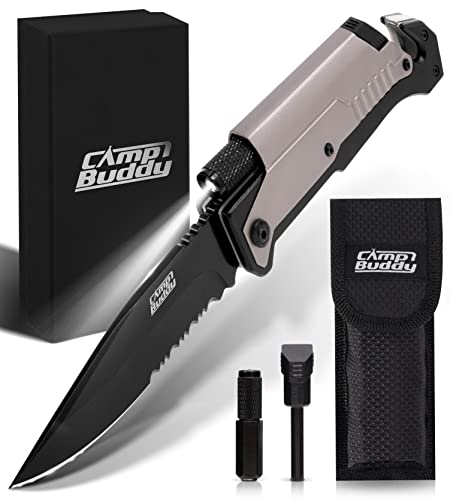 CampBuddy 5-in-1 Survival Messer | Klappmesser mit Feuerstein & Taschenlampe | Extra Scharfes Taschenmesser & Outdoor Messer CampBuddy 5-in-1 Survival Messer | Klappmesser mit Feuerstein & Taschenlampe | Extra Scharfes Taschenmesser & Outdoor Messer von Camp Buddy
