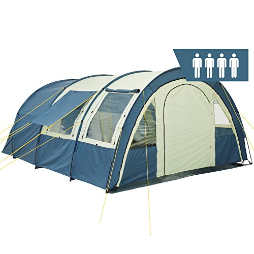 CampFeuer Zelt Multi für 4 Personen | Blau/Sand | Tunnelzelt mit riesigem Vorraum, 5000 mm Wassersäule | Campingzelt mit Bodenplane und versetzbarer Vorderwand | Gruppenzelt, Familienzelt von CampFeuer