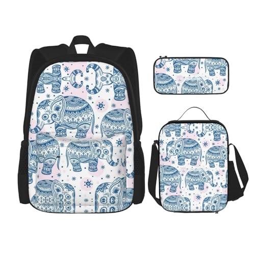 CarXs Blauer Pudel, trendiger Rucksack, Lunchtasche und Federmäppchen, gepunktet, für den täglichen Gebrauch, Boho Elefant, Einheitsgröße von CarXs