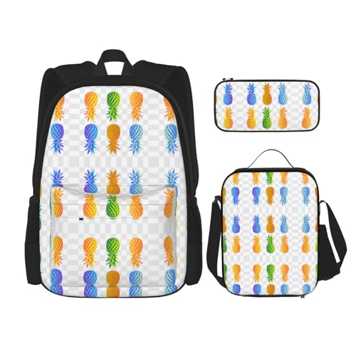 CarXs Dekor, weiß-schwarz, trendiger Rucksack, Lunchtasche und Federmäppchen, Kombination – entworfen für den täglichen Gebrauch, Bunte Ananas, Einheitsgröße von CarXs