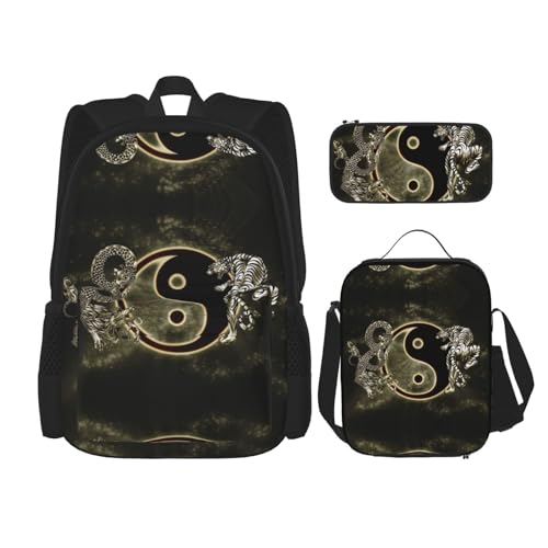 CarXs Trendiger Rucksack mit Wasserfall und Blume, Lunch-Tasche und Federmäppchen – entworfen für den täglichen Gebrauch, Yin Yang Dragon Tiger, Einheitsgröße von CarXs