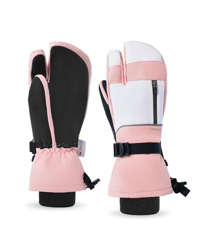 Caracaleap Skihandschuhe Herren Damen Fäustlinge 3 Finger Handschuhe Wasserdicht Winterhandschuhe für Skifahren Snowboard Eislaufen Wandern Rosa S-M von Caracaleap