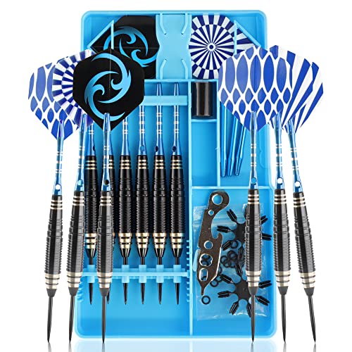 CareGames Dartpfeile mit Metallspitze,6 Stück 24 Gramm Profi Steeldarts 9 Aluminium Schaft mit 12 Flights, 20 Orings, 2 Flight Protektoren,Sharpener und Werkzeug Geschenketui von CareGames