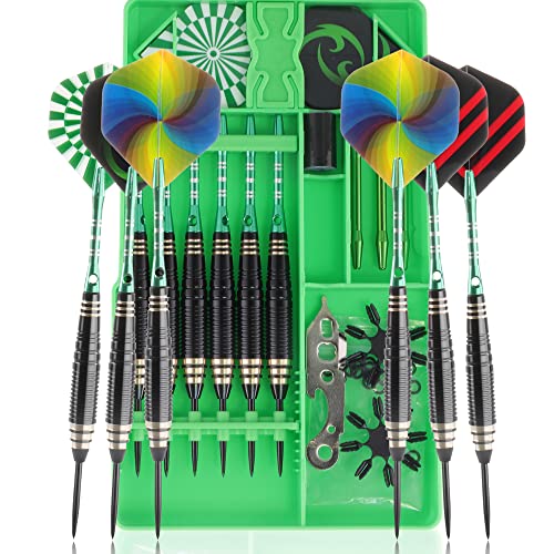 CareGames Dartpfeile mit Metallspitze,6 Stück 24 Gramm Profi Steeldarts 9 Aluminium Schaft mit 12 Flights, 20 Orings, 2 Flight Protektoren,Sharpener und Werkzeug Geschenketui von CareGames