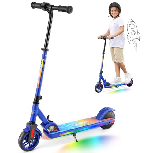 Caroma E Scooter Kinder von 8-12 Jahren,bis zu 16 km/h & 8 km,Elektroroller Kinder mit Bunte Leuchten, LED-Anzeige,Einstellbare Geschwindigkeit und Höhe,Faltbarer Elektroscooter,Cooles Dunkelblau von Caroma