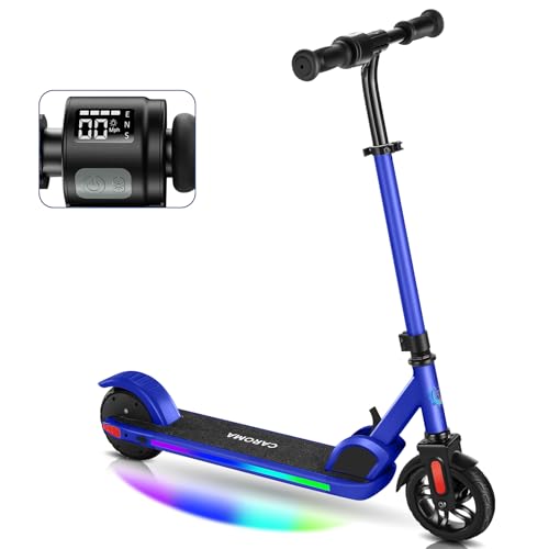 Caroma Elektroroller für Kinder von 8-12 Jahren, 150W Motor, 17 km/h, 80 min Fahrzeit, Einstellbare Geschwindigkeit & Höhe, Bunte Lichter, LED Display, Faltbarer Kinder Elektroscooter(Dunkelblau) von Caroma