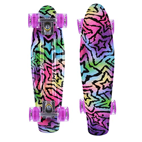 Caroma Skateboard Komplette 55 cm Mini Cruiser Skateboard für Kinder Jungen Mädchen Erwachsene, Retro-Skateboard, ABEC-7 Kugellager, LED-Blitzräder, für Anfänger von Caroma