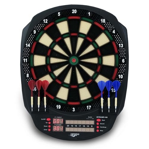 Carromco 92445 Dartboard STRIKER-401 - Elektronische Dartscheibe mit Pfeilen, Dart Set für 44204 Spieler, 35 Spiele und 584 Varianten, Dart Spiel mit 3-Loch Abstand und Catchring, inkl. 6 Softdarts von Carromco