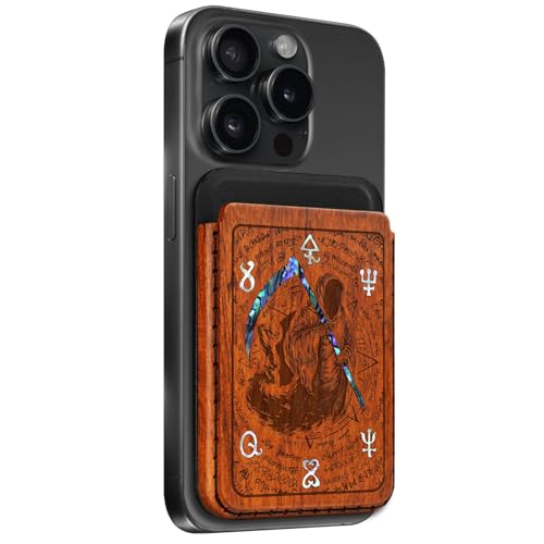Carveit Holzgravur & Muschel inlay Wallet Kompatibel mit MagSafe für iPhone 15/14/13/12 Pro/Max/Plus/Mini, Magnetische Wallet Brieftasche Handyzubehör (Sensenmann-Rosig Holz) von Carveit