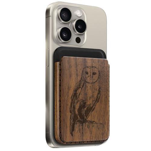 Carveit Magnetisches Wallet kompatibel mit MagSafe, Holz Wallet für iPhone 15/14/13/12-Serie, Kartenhalter Wallet Holzdesign mit Magnet für Samsung Google (Scheune Eule-Nussbaum) von Carveit