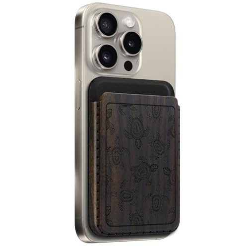 Carveit Wallet Kompatibel mit MagSafe für iPhone 15/14/13/12 Pro/Max/Plus/Mini, Holzdesign Magnetische Wallet für Galaxy S22/S23/S24 Ultra, Pixel 6/7/8 Pro (Sami Art of Turtles-Dunklesholz) von Carveit