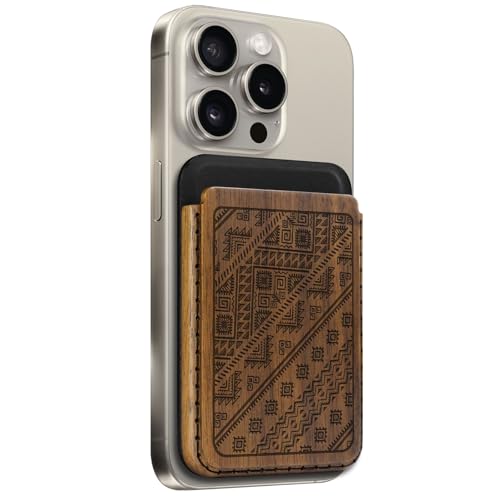 Carveit Wallet Kompatibel mit MagSafe für iPhone 15/14/13/12 Pro/Max/Plus/Mini, Holzdesign Magnetische Wallet für Galaxy S22/S23/S24 Ultra, Pixel 6/7/8 Pro (Geometrische-Nussbaum) von Carveit