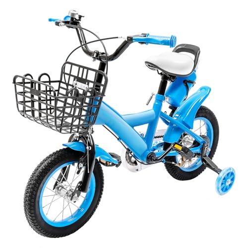 Caskunbsy Kinderfahrrad 12 Zoll mit abnehmbaren Stützrädern, Rahmen aus Karbonstahl, Lenker und Sitz höhenverstellbar, für Jungen und Mädchen von 3 bis 4 Jahren (blau) von Caskunbsy