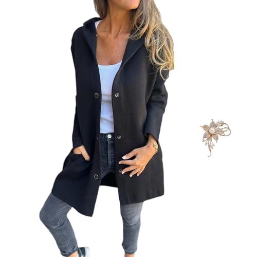 Casual Single Breasted Hooded Jacket，Women's Casual Jackets，Trench Coat for Women 2024，Hooded Jacket Women (3XL,Black) von Cautorsy