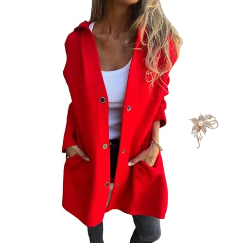 Casual Single Breasted Hooded Jacket，Women's Casual Jackets，Trench Coat for Women 2024，Hooded Jacket Women (4XL,Red) von Cautorsy