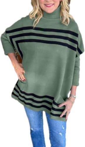 Cautorsy Women's High Neck Bat Sleeve Striped Sweater, Pinklaura Bat Sleeve Sweater, High Neck Bat Sleeve Sweater for Women (Green,M) von Cautorsy