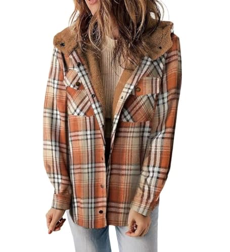 Women's Plaid Long Sleeve Button Fleece Hooded Jacket,Fall Thickened Flannel Long Sleeve Plaid Jacket Coat with Hood (Brown,2XL) von Cautorsy