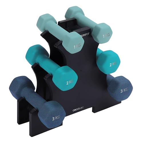 Cecotec Set aus 6 hexagonal geformten Sweatproof Hanteln von 1, 2 und 3 kg DrumFit Dumbbell 123 Neoprene Set. Hochgriffige Neoprenbeschichtung, geeignet für alle Arten von Benutzern, inklusive Ständer von Cecotec