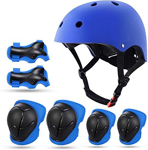 Fahrradhelm Kinder, Schoner Set für Kinder Helm Klassiker mit Knieschützer und Ellenbogenschützer für Multisport Roller Skateboard Fahren Scooter 3-13 Jahre (Blau) von Cevikno