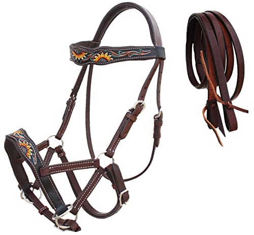 CHALLENGER Pferd Westernpferd Leder Floral Tooled Bitless Sidepull Trensenzaum Split Zügel 77RS36BR von Challenger