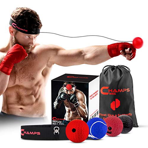 Champs MMA Boxing Reflex Balls Set of 4-Boxing Ball Gear of with Varying Weights with Adjustable Headband and 4 Spare Strings to Improve Speed and Hand-Eye Coordination for Men, Kids Boxing Equipment von Champs MMA