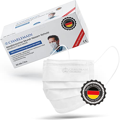 Charlemain 50x OP Masken, Made in Germany, EN 14683 Typ IIR, Medizinischer Mund-Nasen-Schutz, BFE >99,9% 3-lagig, Latexfrei, MNS, Einweg-Gesichtsmasken - Weiß von Charlemain