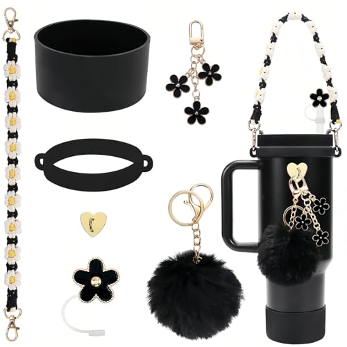 Stanley Tassen-Zubehör-Set, Blumenstrohabdeckungen, Stanley-Becher, Silikon-Stiefel, Wasserflaschengriffkette, schwarze Pompon-Kette, Stanley-Charms für Stanley-Cups, 7-teilig, 1,2 l (schwarz) von Charmark