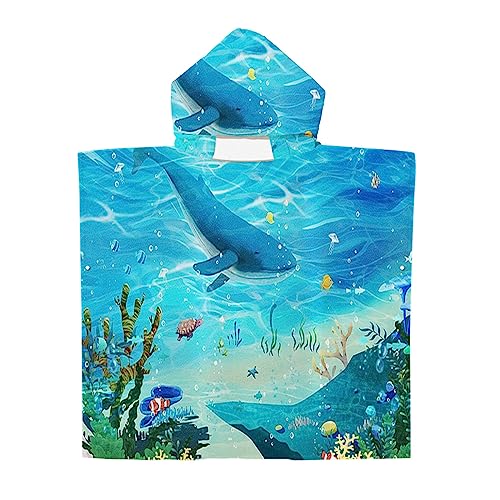 Chickwin Wal Druck Badeponcho Strand Poncho Surf Poncho Umkleidehilfe Handtuch mit Kapuzen Badetuch Schnelltrocknend Strandtuch Bademantel für Erwachsene Kinder (75x110cm,Wal Ozean) von Chickwin