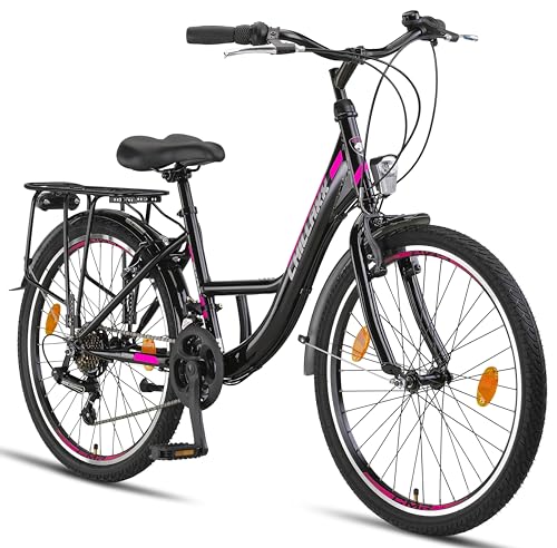 Chillaxx Bike Strada Premium City Bike in 24, 26, 28 Zoll - Fahrrad für Mädchen, Jungen, Herren und Damen - 21 Gang-Schaltung - Hollandfahrrad Citybike (24 Zoll, Schwarz-Pink V-Bremse) von Chillaxx