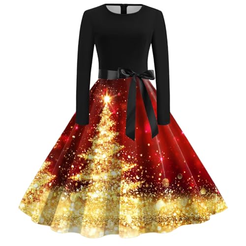 Chnnamzu Damen Weihnachts Kleid Rockabilly Kleider Vinatge 50er Jahre Partykleid Mädchen Weihnachtskleid Weihnachts Druck Langarm Cocktailkleid mit Weihnachtsmuster für Damen Mädchen Weihnachts von Chnnamzu