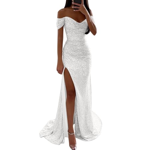 Chnnamzu Glitzer Kleid Lang Glitzerkleid Abendkleid Paillettenkleid Frauen 2024 Paillettenkragen Split Kleid - Abendkleider Elegant für Hochzeit von Chnnamzu