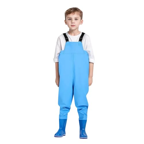 Chnnamzu Wathose Kinder, Wathose für Jungen und Mädchen - wasserdichte Regenhose mit Stiefeln,Junior Hosenträger Matschhose Regenstiefel,rutschfeste Sohle Gummistiefel für Jugendliche für 2-15 Jahre von Chnnamzu