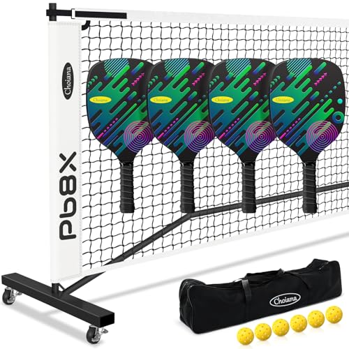 Pickleball-Netz, Pickleball-Set mit Netz, 4 Paddeln, Auffahrt, Pickle-Ballnetze mit Rädern, tragbar, 6,7 m, Pickleball-Netze, reguläre Größe mit Schläger, Tragetasche, robuster Rahmen für drinnen und von Choiana