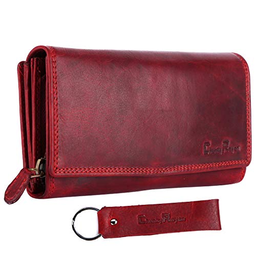 Chunkyrayan Damen Portemonnaie Echtleder XXL RFID Schutz inklusive Leder Schlüsselanhänger P GB-7 Red 1 von Chunkyrayan