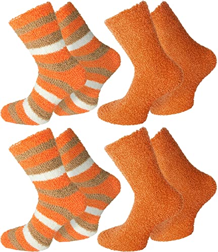 Circle Five 4 Paar Flauschig weiche Kuschelsocken mit Motiv für Damen und Herren Farbe Ringel/Orange Größe 39-42 von Circle Five