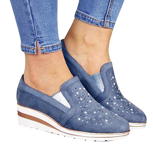 Damenschuhe, Damen Lässig rutschfeste Runde Zehen Low Top Slip-On Wedge Strass Loafers Schuhe Blue 39 von Clenp