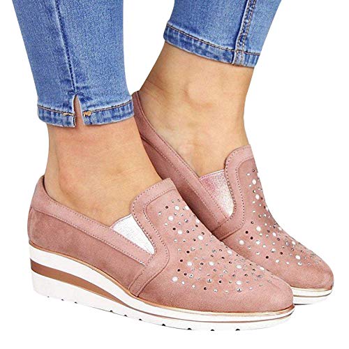 Clenp Damenschuhe, Damen Lässig rutschfeste Runde Zehen Low Top Slip-On Wedge Strass Loafers Schuhe Pink 40 von Clenp