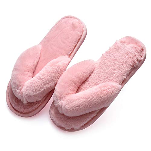 Clenp Frauen Hausschuhe, Herbst Winter Frauen Home Flip Flops Kunsthasenfell Flauschige Anti-Rutsch-Hausschuhe Rosa 37-38 von Clenp