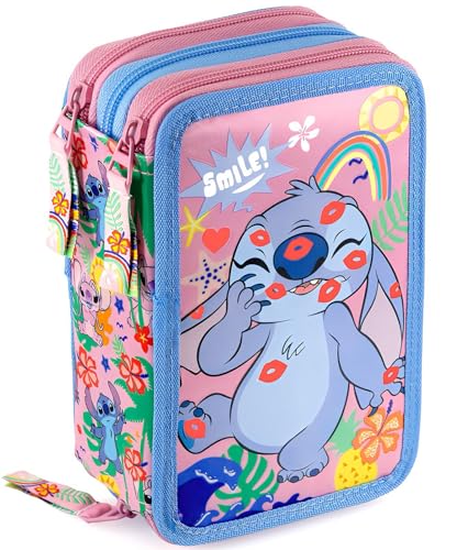 Clondo Federmäppchen Kinder, Für Stitch und Angel Kiss Fan, 3 Organisierte Fächer, Federtasche Junge Gefüllt, Mädchen Schulmäppchen, 45 Teilen für die Schule von Clondo