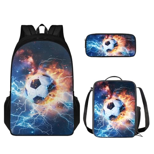 Coloranimal 3-teiliges Fußball-Rucksack-Set mit Beleuchtung, 1 Schultasche, 1 Mini-Lunch-Tasche, 1 Federmäppchen, Schultasche, Outdoor-Sport-Rucksack von Coloranimal