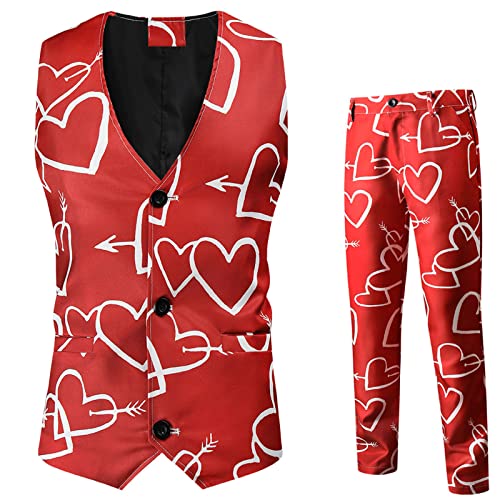 Herren Anzug Slim Fit 2-Teilig, Herz Anzüge Suit Vest Smoking Sakko【3 Button】 Valentinstag Trousers Weihnachtsanzüge Passen/Umfassen Hose+Weste von Colorful (Rot, XL) von Colorful Outdoor