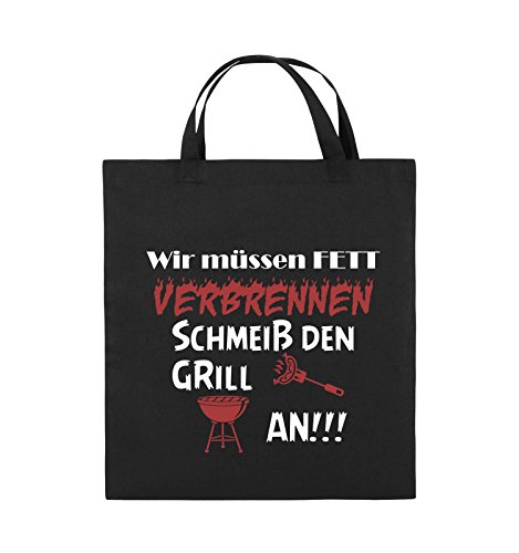 Comedy Bags - Wir müssen Fett verbrennen schmeiß den Grill an!!! - Jutebeutel - Kurze Henkel - 38x42cm - Farbe: Schwarz/Weiss-Rot von Comedy Bags