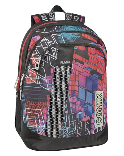 Comix Flash – Schulrucksack, Mittel- und Oberschule, mit 2 großen Räumen, geräumige Fronttasche, Reißverschluss, gepolsterte und verstellbare Schultergurte, mit LED; 32 x 43 x 23 cm, 31 l, Schwarz, Comix Flash – Schulrucksack, Mittel- und Oberschule, mit 2 großen Räumen, geräumige Fronttasche, Reißverschluss, gepolsterte und verstellbare Schultergurte, mit LED; 32 x 43 x 23 cm, 31 l, Schwarz, von Comix