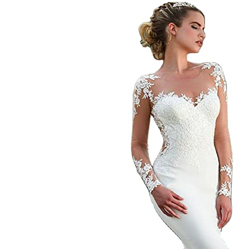 CongMing-huajia Damen Hochzeitskleid Langarm Rundhalsausschnitt Court Fantasy Slim Trailing Brautkleid Brautjungfernkleider Weiß White 42 von CongMing-huajia