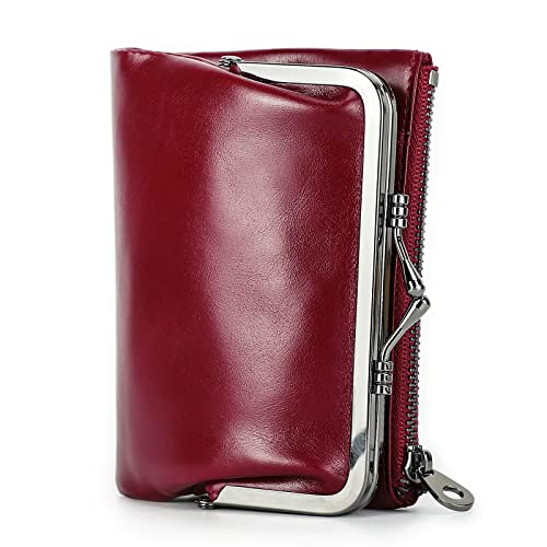 Contacts RFID-Geldbörse für Damen, mit Kussverschluss, Leder kompakt, faltbar, mit Reißverschlussfach, Vintage, Kreditkartenhalter, kleine Clutch mit Ausweisfenster, rot, Casual Contacts RFID-Geldbörse für Damen, mit Kussverschluss, Leder kompakt, faltbar, mit Reißverschlussfach, Vintage, Kreditkartenhalter, kleine Clutch mit Ausweisfenster, rot, Casual von Contacts