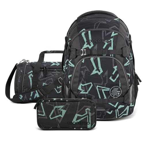 coocazoo Schulrucksack-Set „Reflective Graffiti“ 3-teilig, schwarz, ergonomischer 30L Tornister, höhenverstellbar, für Kinder ab der 5. Klasse, inkl. Mäppchen und Sporttasche von Coocazoo