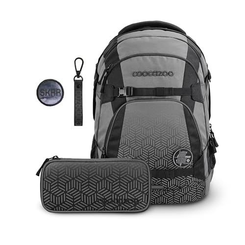 coocazoo Schulrucksack-Set Mate „Black Carbon & Music“ 3-teilig, schwarz-grau, ergonomischer 30L Tornister, höhenverstellbar, für Kinder ab der 5. Klasse, inkl. Federmäppchen & Colour UP-Set von Coocazoo